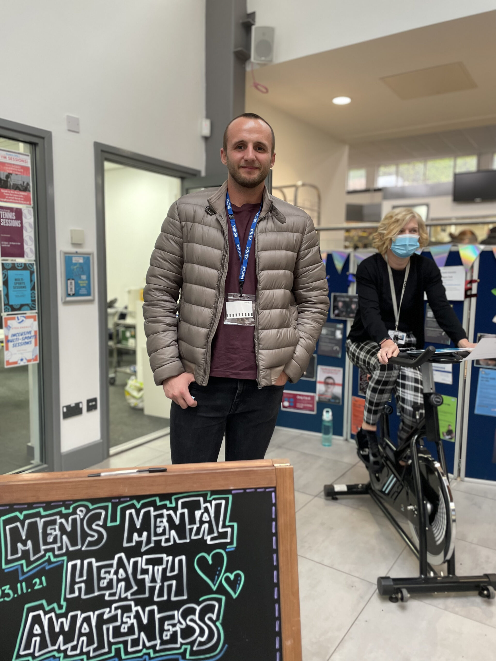 Nathan Musselwhite, one of the founders of the Mulligan Club at college with a staff member taking part in the spin challenge