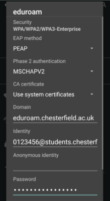 eduroam screen settings example
